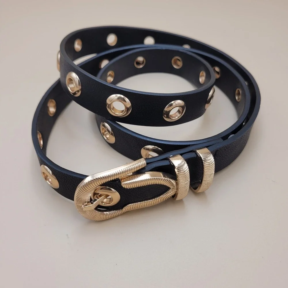 Black Faux Leather Grommet Belt Gold Tone Buckle XL 48 Inch Length Edgy Grunge